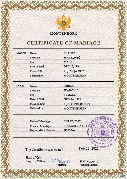 Download Montenegro marriage certificate PSD template Photoshop template